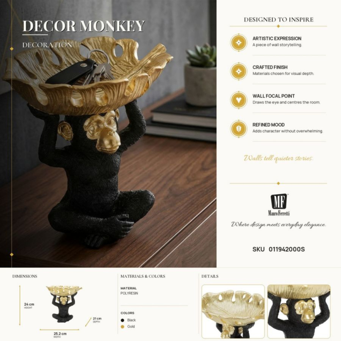 Decoratiune Monkey cu platou, rasina, negru/auriu [9]