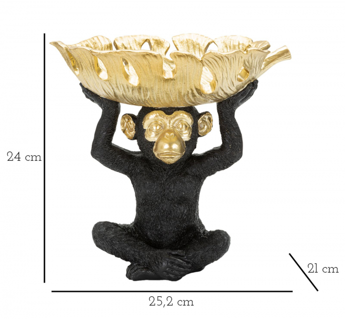 Decoratiune Monkey cu platou, rasina, negru/auriu [7]