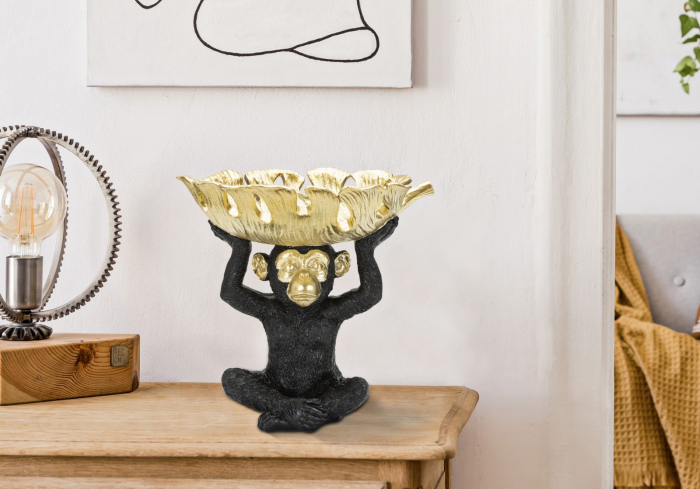 Decoratiune Monkey cu platou, rasina, negru/auriu [2]