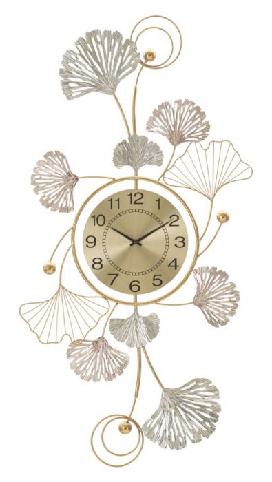 Decoratiune perete metalica alb aurie cu ceas Leavy [1]