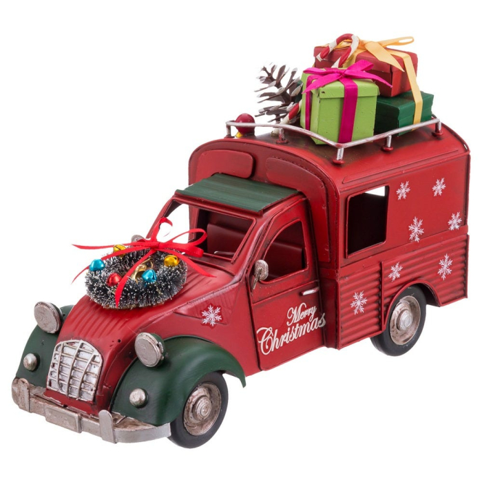 Dubă retro roșie din metal cu cadouri pe acoperiș coroniță la grilă și mesaj Merry Christmas [3]