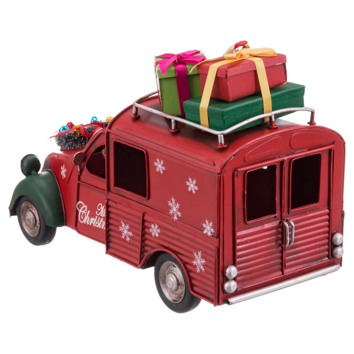 Dubă retro roșie din metal cu cadouri pe acoperiș coroniță la grilă și mesaj Merry Christmas [4]