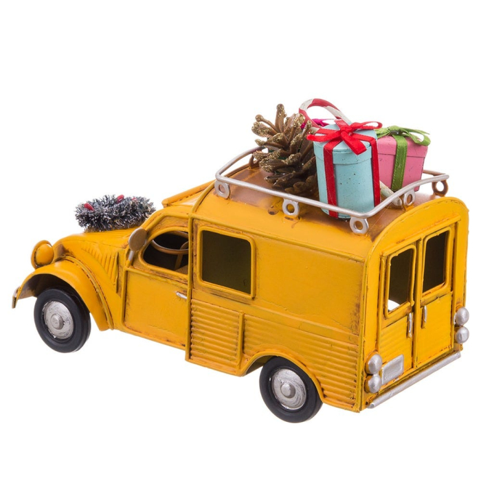 Dubiță retro galbenă din metal cu cadouri con de pin pe acoperiș coroniță verde și faruri rotunde [4]