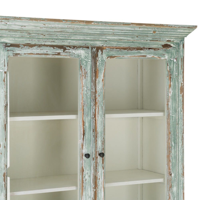 Dulap cu vitrină din lemn reciclat verde antichizat cu usi din sticla si sertare 120x47x218 cm [5]