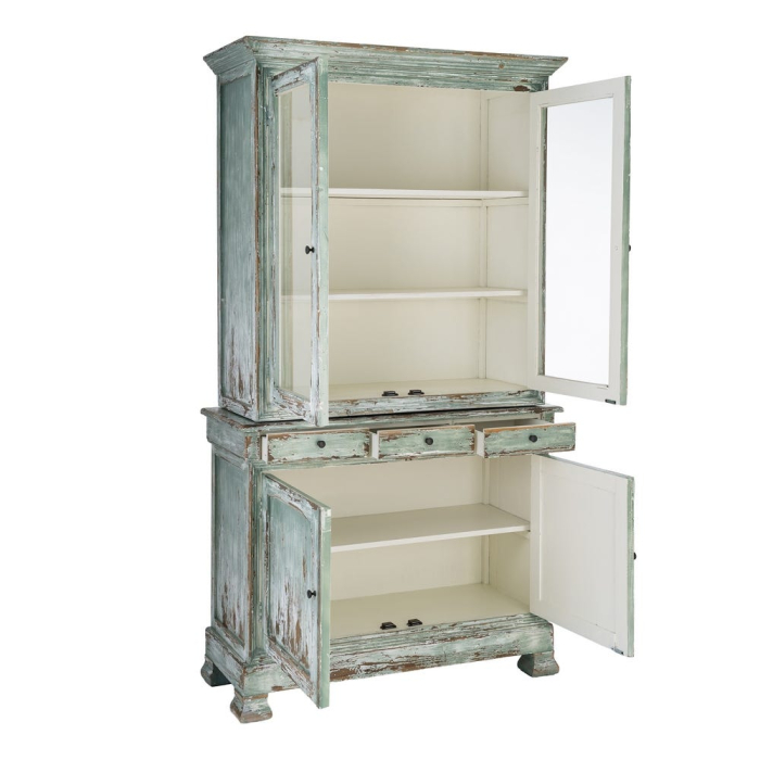 Dulap cu vitrină din lemn reciclat verde antichizat cu usi din sticla si sertare 120x47x218 cm [4]