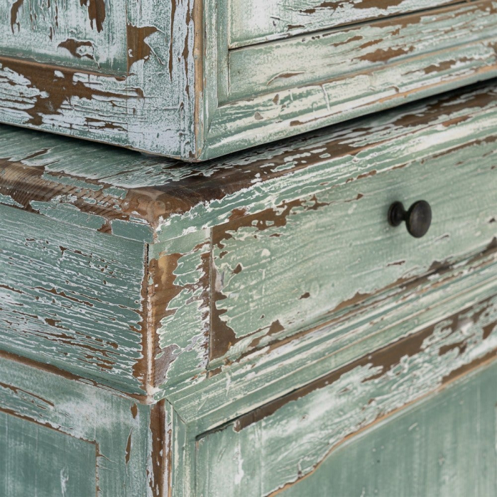 Dulap cu vitrină din lemn reciclat verde antichizat cu usi din sticla si sertare 120x47x218 cm [9]