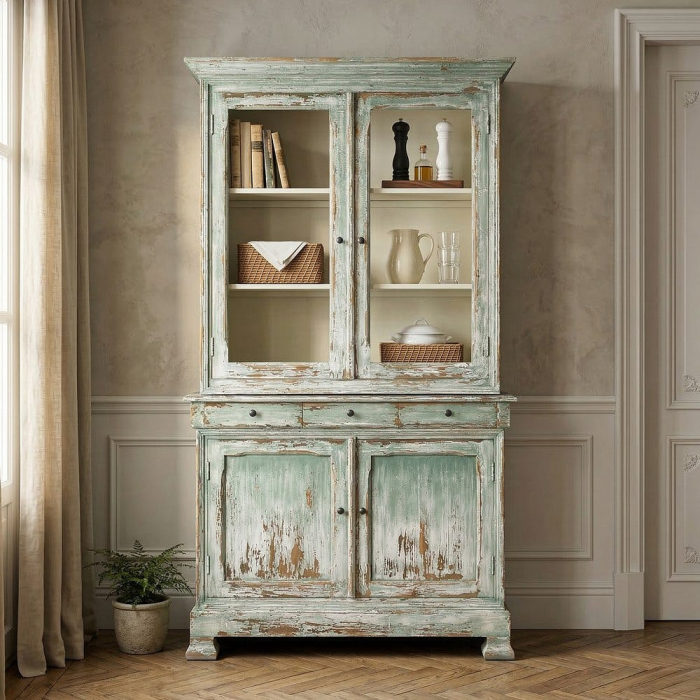 Dulap cu vitrină din lemn reciclat verde antichizat cu usi din sticla si sertare 120x47x218 cm [2]