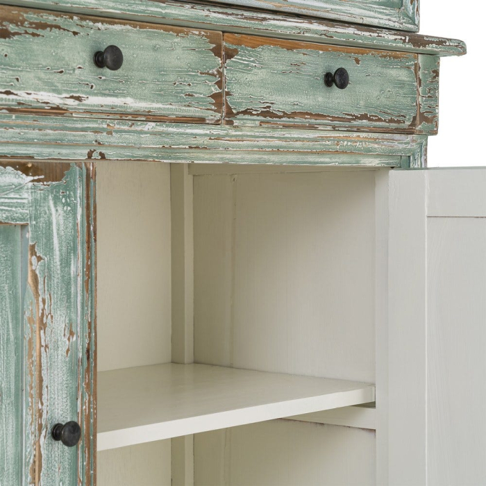 Dulap cu vitrină din lemn reciclat verde antichizat cu usi din sticla si sertare 120x47x218 cm [8]