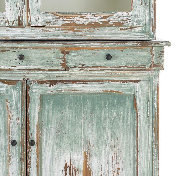 Dulap cu vitrină din lemn reciclat verde antichizat cu usi din sticla si sertare 120x47x218 cm [12]