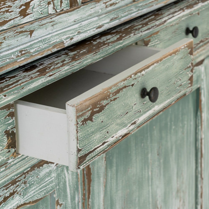 Dulap cu vitrină din lemn reciclat verde antichizat cu usi din sticla si sertare 120x47x218 cm [10]