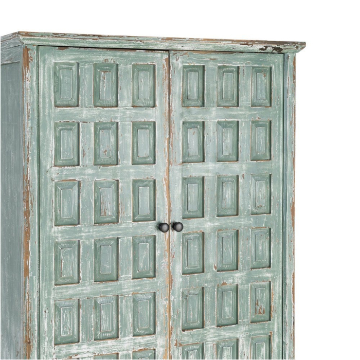 Dulap din lemn reciclat verde antichizat cu doua usi si panouri decorative in relief 96x45x181 cm [4]