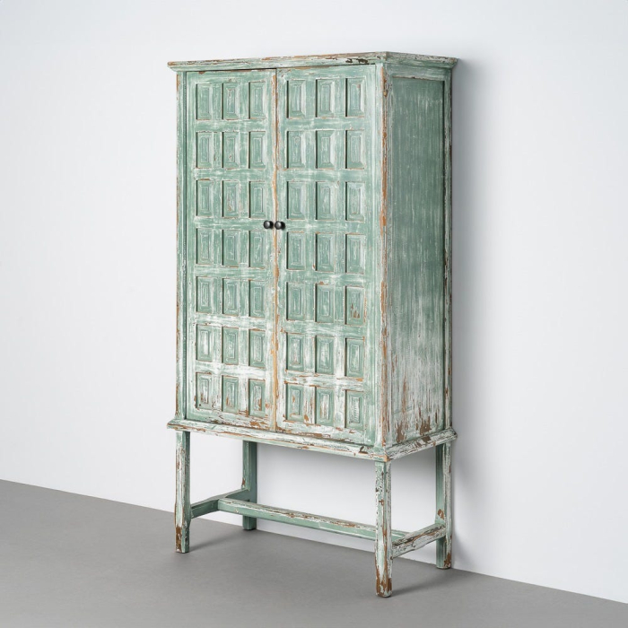 Dulap din lemn reciclat verde antichizat cu doua usi si panouri decorative in relief 96x45x181 cm [10]