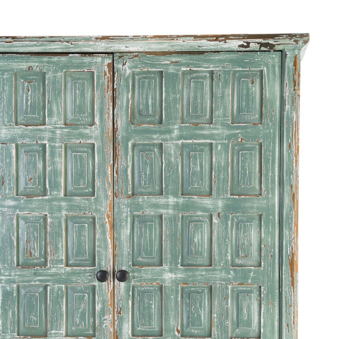 Dulap din lemn reciclat verde antichizat cu doua usi si panouri decorative in relief 96x45x181 cm [8]