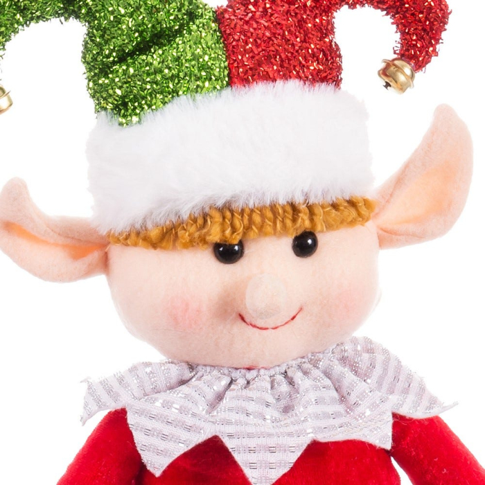 Elf așezat din textil cu căciulă de bufon roșie și verde cu sclipici guler alb cu volănașe [2]