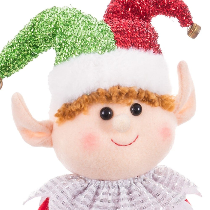 Elf cu picioare lungi așezat din textil cu căciulă verde și roșie jachetă roșie și pantaloni verzi [2]