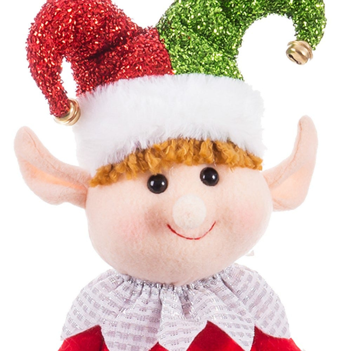 Elf în picioare din textil cu căciulă de bufon roșie și verde jachetă roșie și ciorapi în dungi [2]
