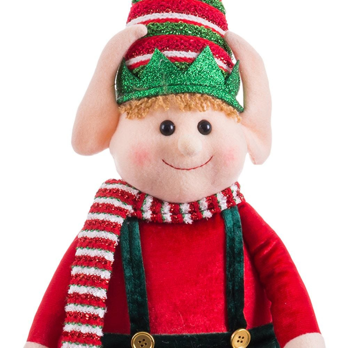 Elf în picioare din textil cu căciulă în dungi pulover roșu eșarfă pantaloni verzi cu bretele roșii [2]
