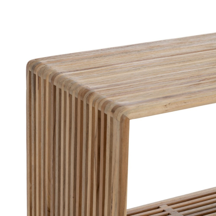 Etajeră din tec reciclat cu șipci tip baguette Bellamonte – vedere frontală, lamele verticale și blat natural. [3]