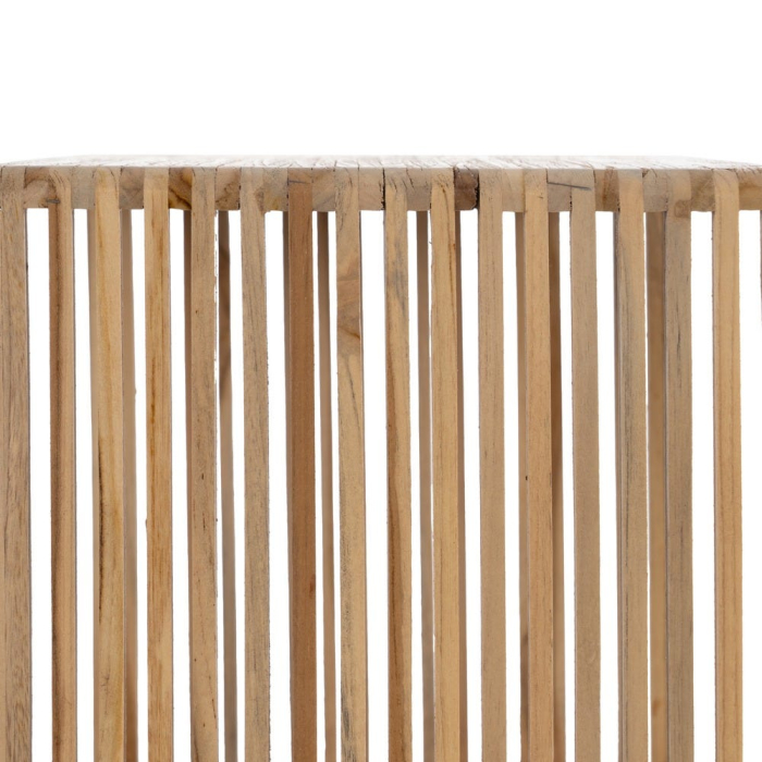 Etajeră din tec reciclat cu șipci tip baguette Bellamonte – vedere frontală, lamele verticale și blat natural. [7]