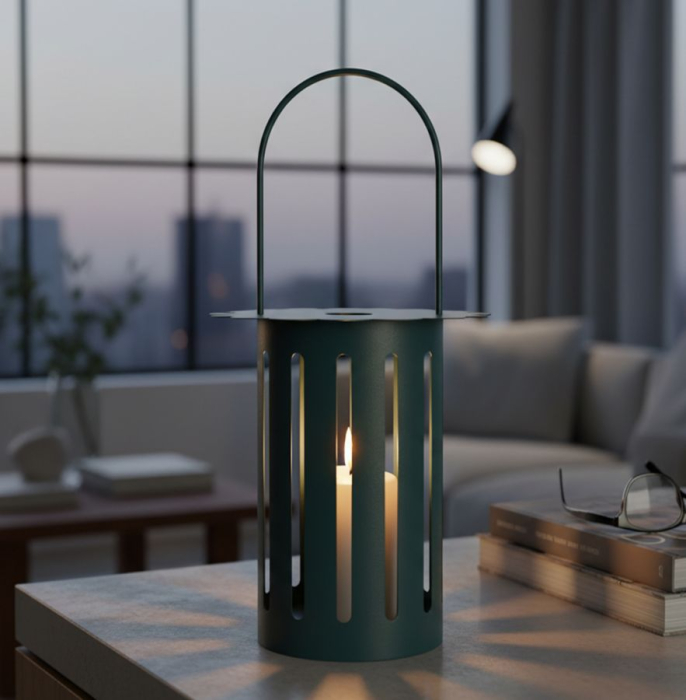 Felinar decorativ din metal si sticla verde petrol cu decupaje verticale [5]