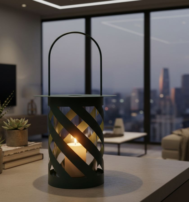 Felinar decorativ din metal si sticla verde petrol cu model diagonal [6]