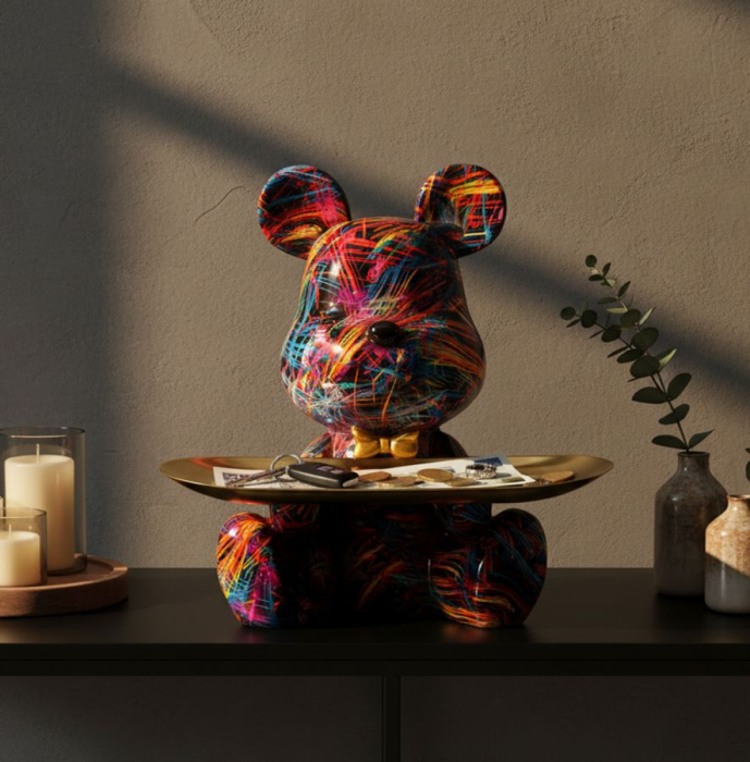 Figurina decorativa catel multicolor din polirasina cu tava aurie [8]