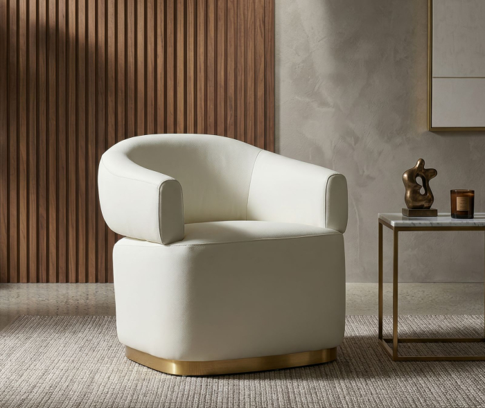 Fotoliu alb tapițat cu bază aurie și design curbat modern [10]