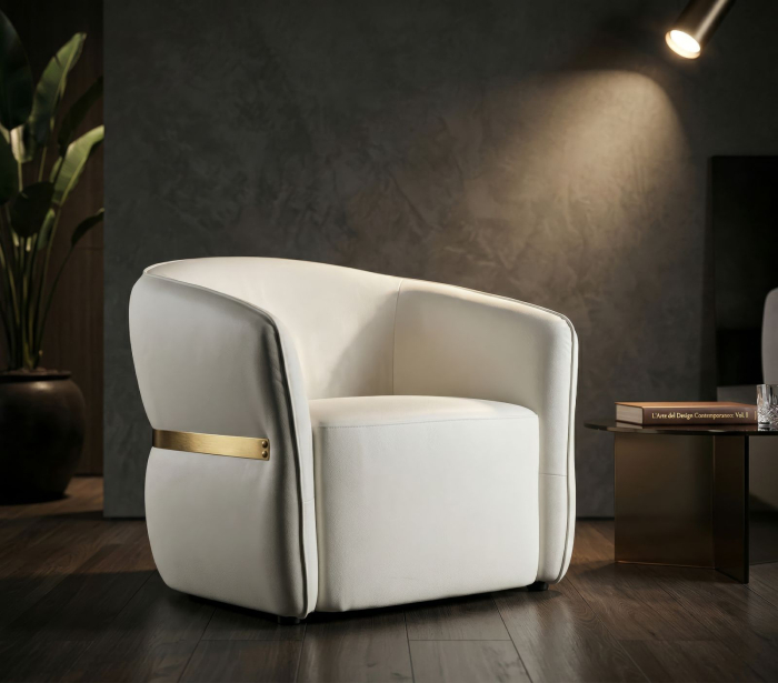 Fotoliu alb tapițat cu design curbat și detalii aurii modern [2]