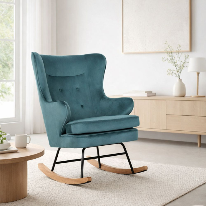 Fotoliu balansoar dormitor din catifea verde smarald cu bază din lemn natural ROCKER [2]