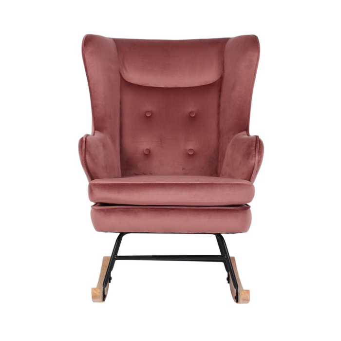 Fotoliu balansoar living din catifea roz cu bază din lemn natural ROCKER [3]