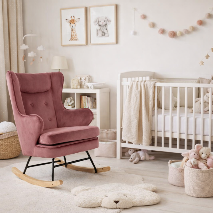Fotoliu balansoar living din catifea roz cu bază din lemn natural ROCKER [2]
