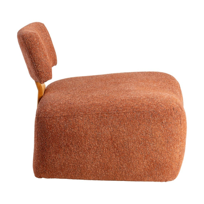 Fotoliu cărămiziu din stofă și lemn cu design minimalist în stil japandi [3]