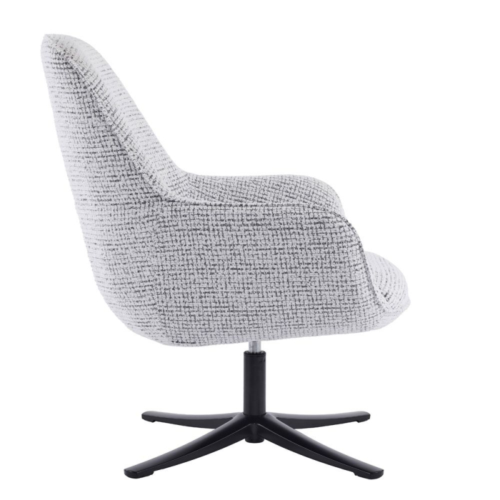 Fotoliu rotativ alb Tiffany – imagine laterală cu bază metalică și tapițerie textilă albă cu model discret [4]