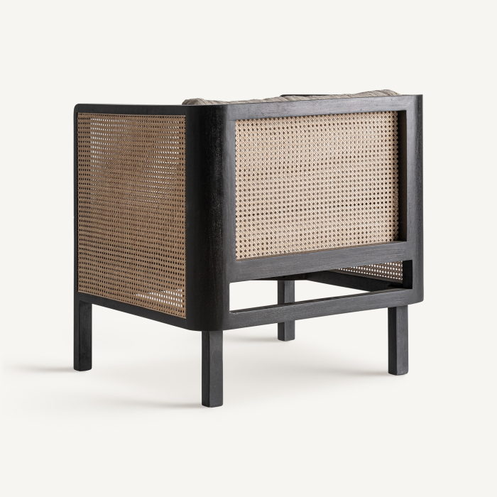 Fotoliu din lemn negru cu panouri din ratan si tapiterie crem Kaleb [4]