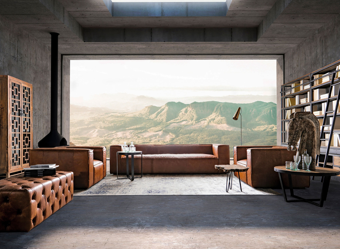 Fotoliu din piele maro cu structură din lemn de brad [14]