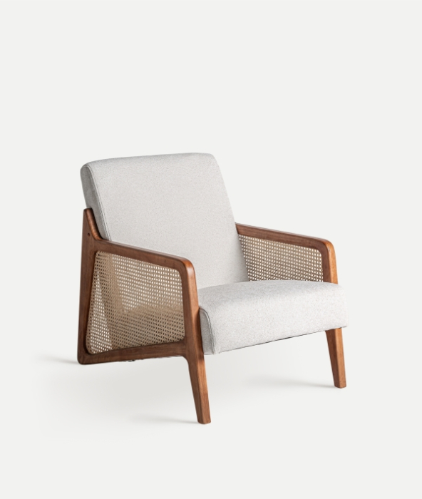 Fotoliu din ratan maro cu sezut tapitat si structura din lemn [2]