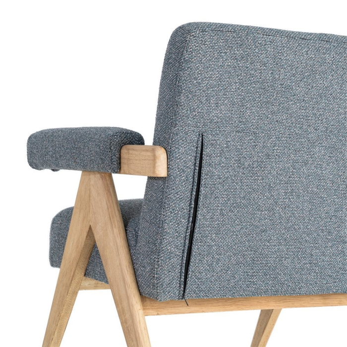 Fotoliu din stofă albastră cu structură din lemn și brațe tapitate [4]