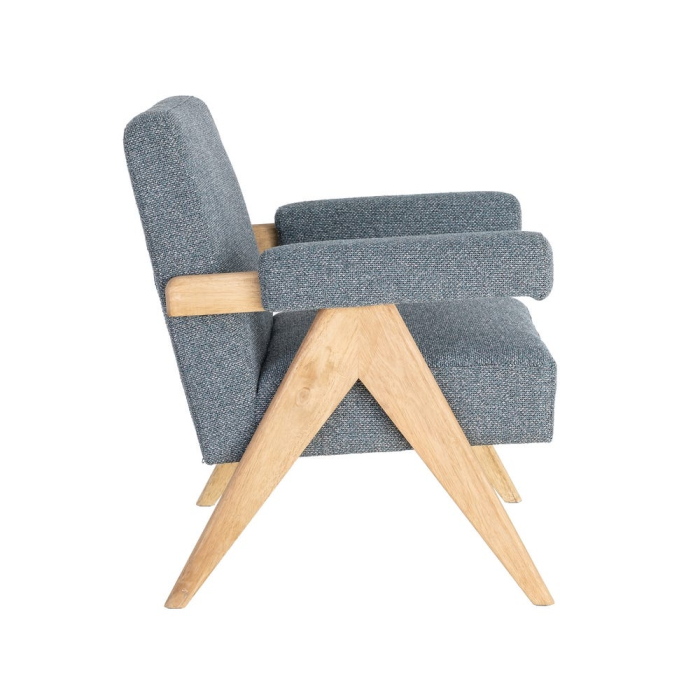 Fotoliu din stofă albastră cu structură din lemn și brațe tapitate [5]