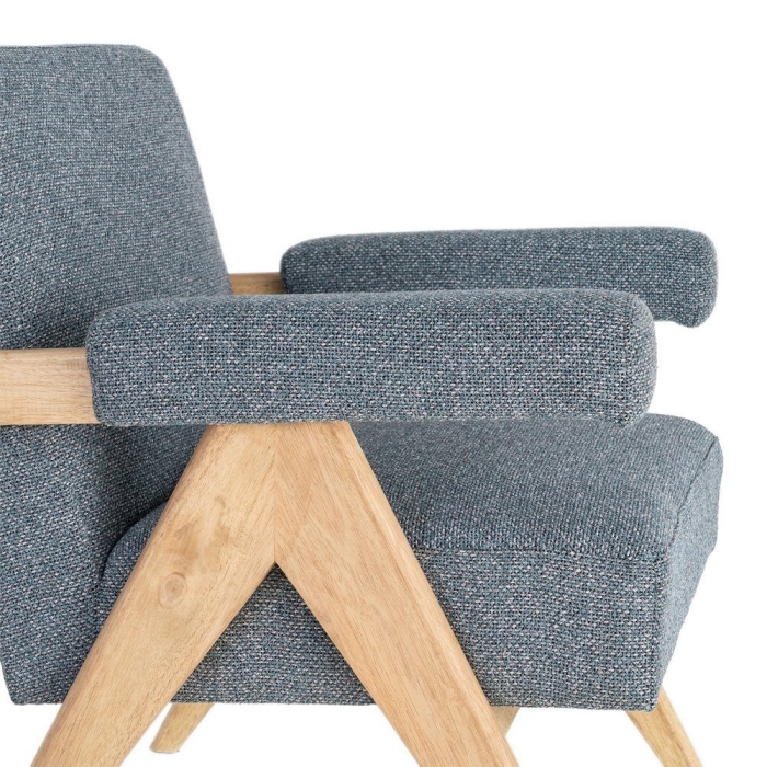 Fotoliu din stofă albastră cu structură din lemn și brațe tapitate [2]