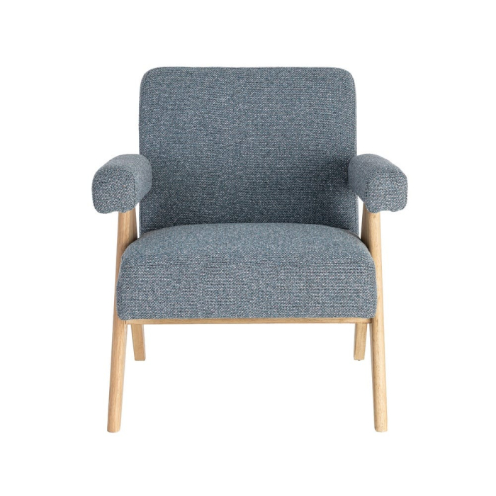 Fotoliu din stofă albastră cu structură din lemn și brațe tapitate [8]