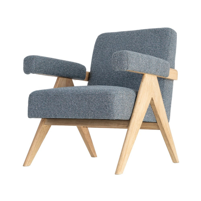 Fotoliu din stofă albastră cu structură din lemn și brațe tapitate [7]