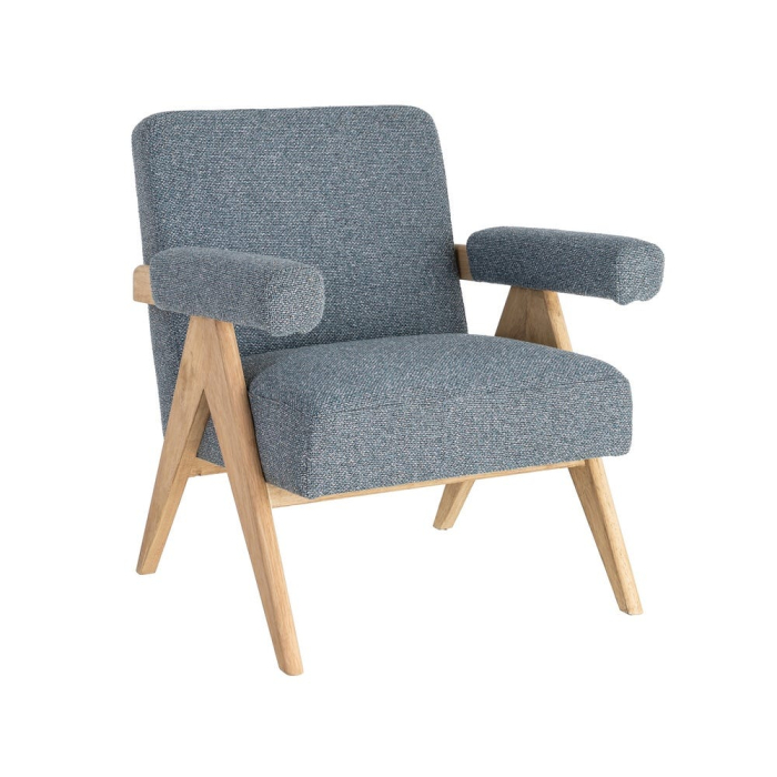 Fotoliu din stofă albastră cu structură din lemn și brațe tapitate [11]