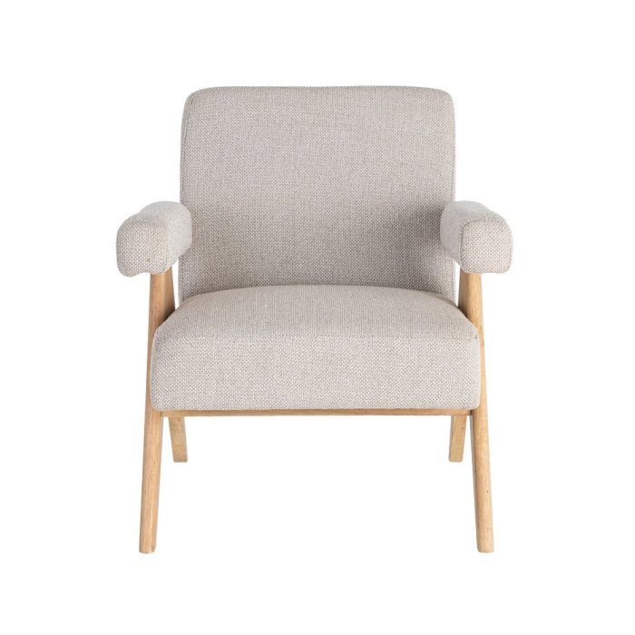 Fotoliu din stofă bej cu structură din lemn și brațe tapitate [8]