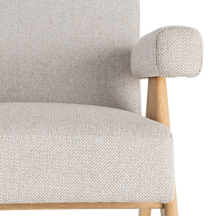 Fotoliu din stofă bej cu structură din lemn și brațe tapitate [3]