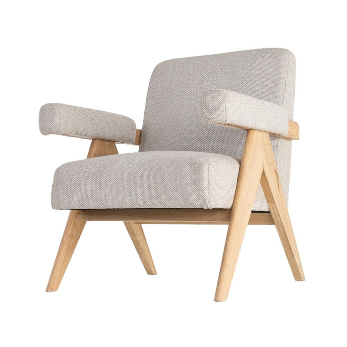 Fotoliu din stofă bej cu structură din lemn și brațe tapitate [7]