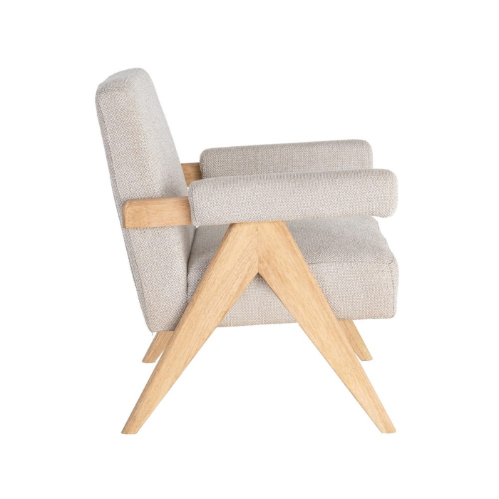 Fotoliu din stofă bej cu structură din lemn și brațe tapitate [5]