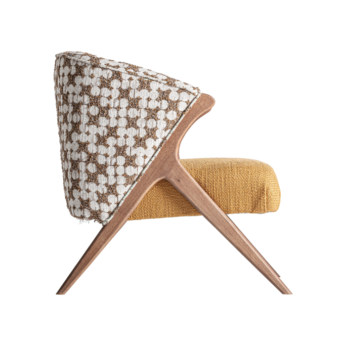 Fotoliu din stofă ocru cu model și structură din lemn [4]