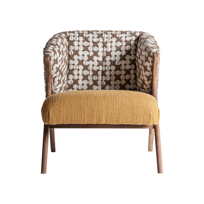 Fotoliu din stofă ocru cu model și structură din lemn [2]