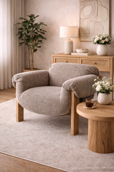 Fotoliu din stofă taupe texturată cu structură din lemn [2]