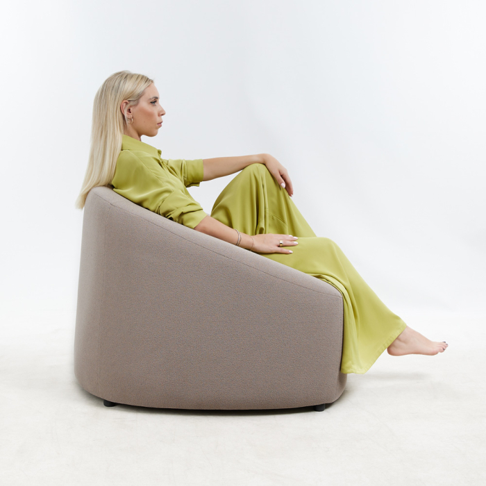 Fotoliu living rotund tapițat bouclé crem cu structură din lemn fag [2]